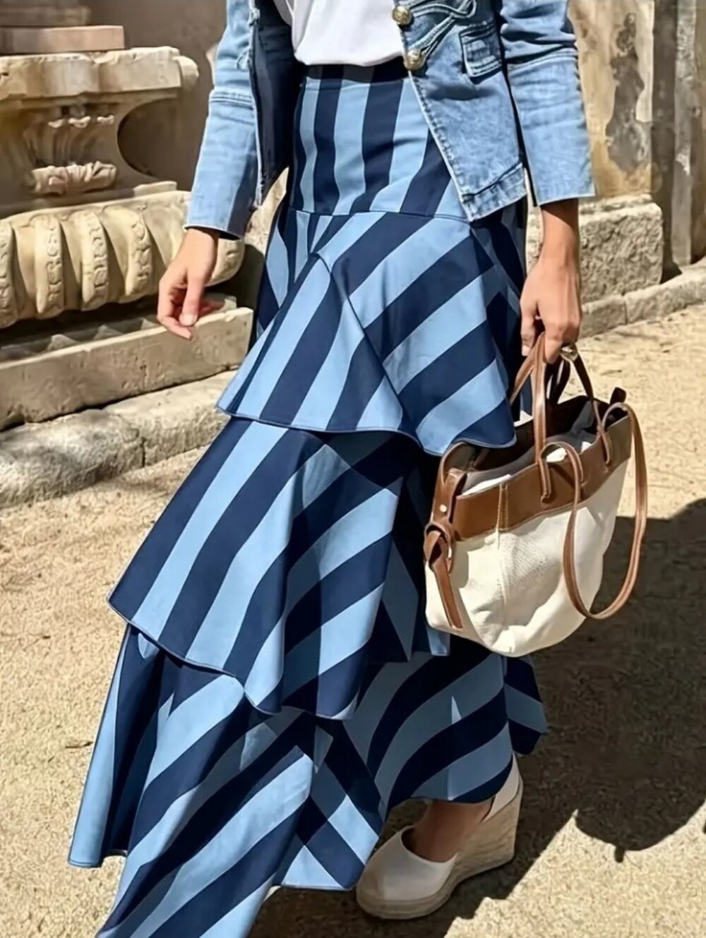 American-style Color-Block Twill Layered Cake Dress, High-Waisted Flared